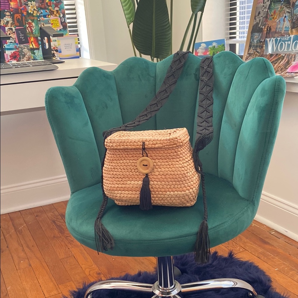 Woven Tan Crossbody Bag with Black Strap